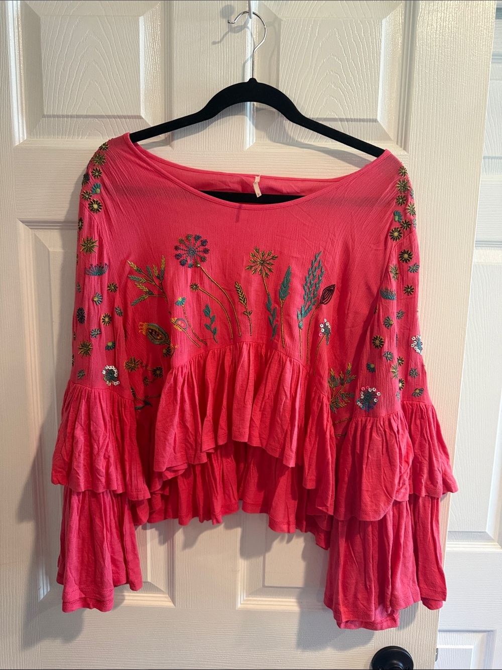 Anthropologie Hot Pink Embroidered Ruffle Crop Top